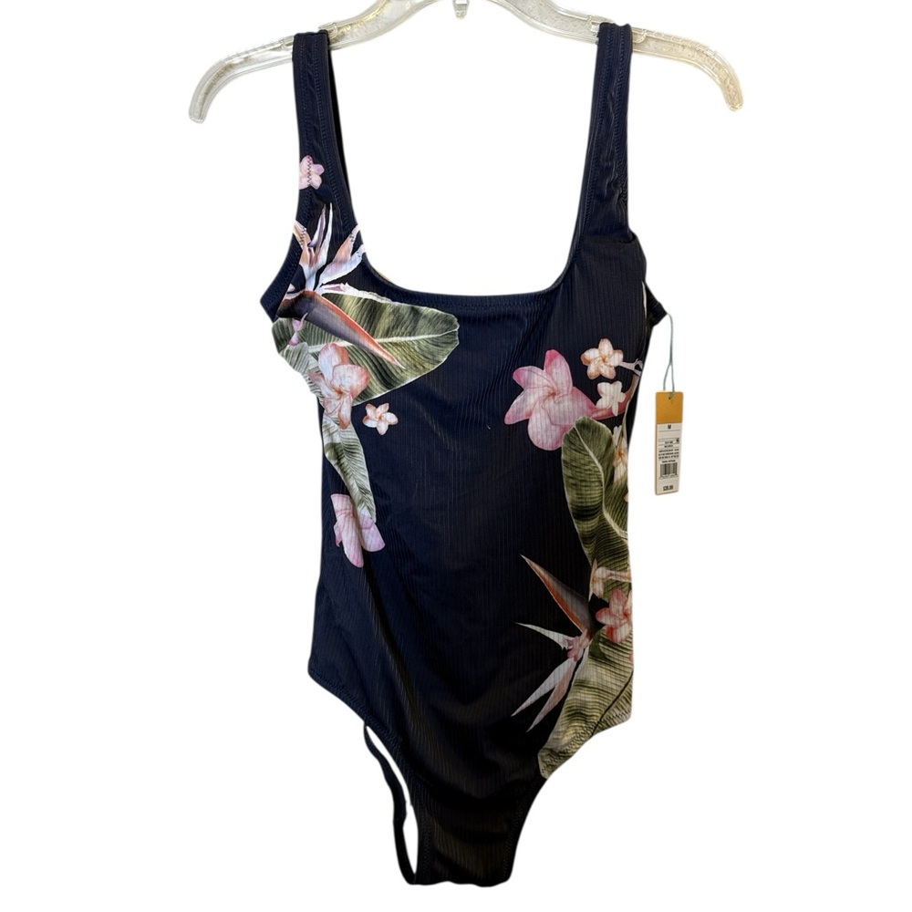 Kona Sol Women’s Navy Floral One Piece Ribbed Swimsuit Sz M